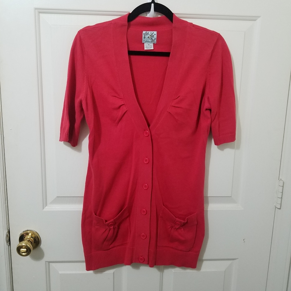 TABITHA Pink/Red Button Fitted 3/4 Sleeve Cardigan - Picture 3 of 11
